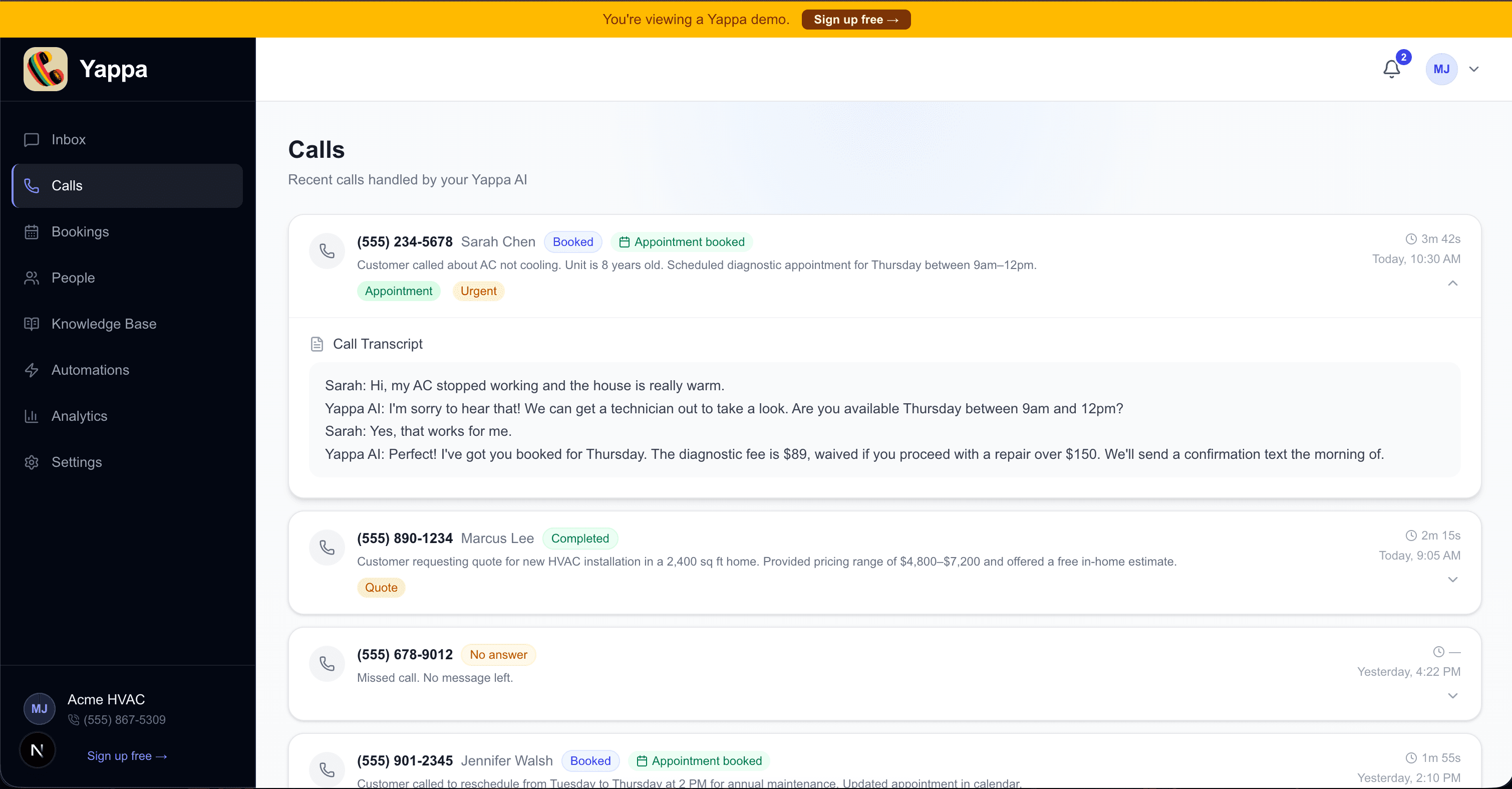 Screenshot of the Yappa dashboard showing the calls view and sidebar navigation